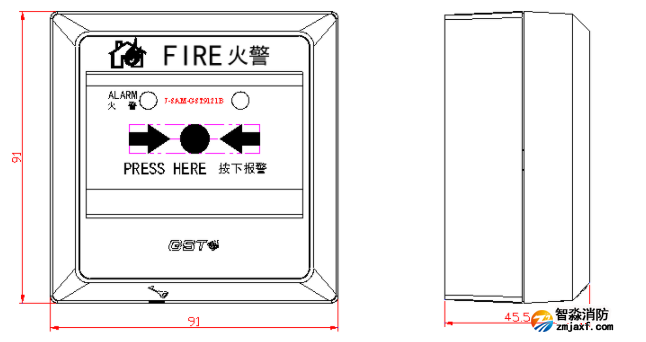 海灣J-SAM-GST9121B手動火災報警按鈕示意圖